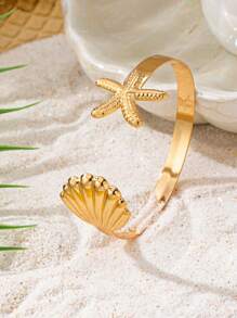 1 pieza Brazalete de acero inoxidable con estrella de mar y concha, elementos marítimos de ultramar, estilo de vacaciones en la playa, apto para uso diario de mujeres