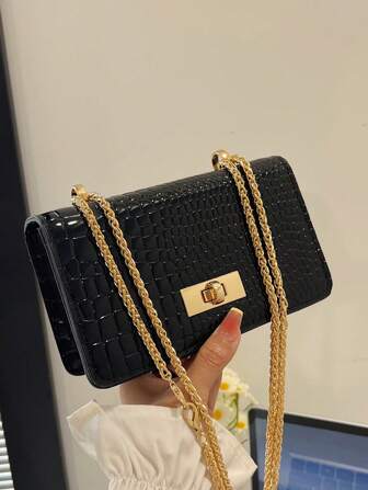 Un mini sac à bandoulière rétro mode pour femme, sac bandoulière léger avec chaîne en métal, sac carré décontracté avec fermeture, sac style alligator, sac de shopping pour jeune fille, convient pour les déplacements quotidiens des femmes
