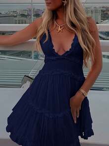 Women's Solid Color Ruffled Backless Sleeveless Beach Holiday Dress - Navy Blue - View 1