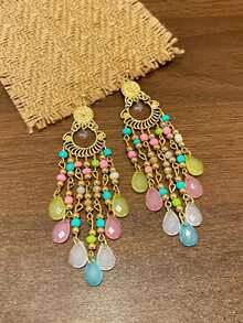 2 件套波西米亚复古彩色串珠流苏吊坠耳环，优雅个性珠宝，适合女士派对、度假和日常佩戴