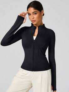 秋冬女士瑜伽夹克，运动跑步骑行服，长袖健身夹克，拉链上衣 - 黑色 - 查看 10