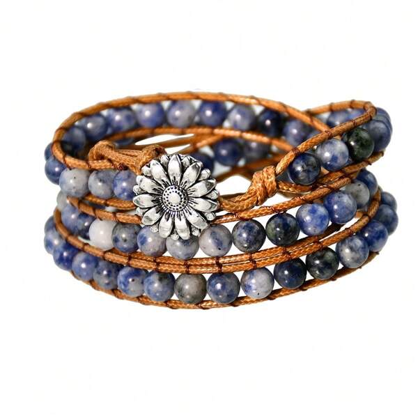Vintage Boho Natural Sodalite Bead Wrap Bracelet, Triple-Layer Handcrafted Gemstone Jewelry, No Plating, For Daily And Vacation Wear