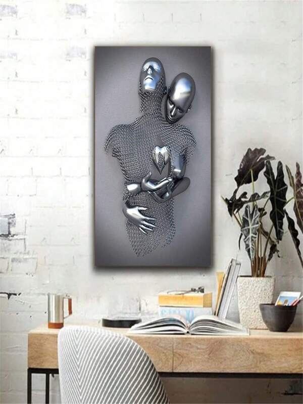 Decoración de pared para dormitorio, arte de arte mural de canvas romántico para pareja en sala de estar, efecto de escultura de metal 3D con forma de corazón, impresiones de póster de pintura abstracta moderna en blanco y negro para amantes del abrazo para baño y hotel