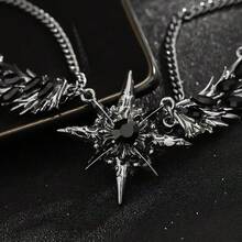 1件Y2K黑色羽毛翅膀和星星吊坠项链，朋克嘻哈哥特颓废酷女孩颈链，多层不锈钢链，哥特另类独特项圈项链，前卫暗黑时尚配饰，适合音乐节或吸血鬼主题派对 - 銀色 - 查看 2
