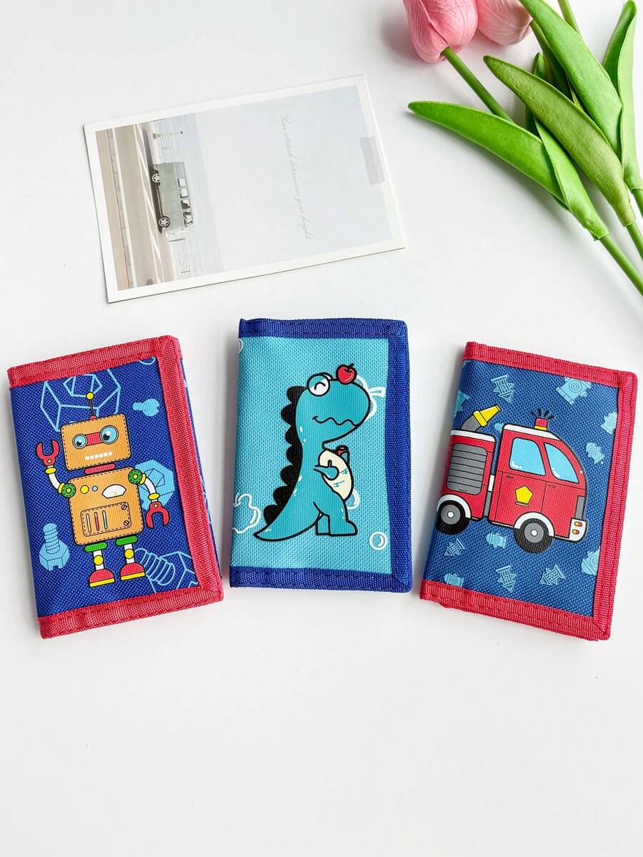 3-Fold Wallet, Cartoon Car And Dinosaur Printed, Durable Polyester Material With Zipper Pocket And Key Ring, Suitable For Daily Coin Purse