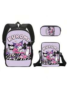 3D Fully Printed Cartoon Sanrio Kuromi 3 Pieces Backpack Primary School Bag Children's Lunch Bag Pencil Bag Set Anime Kawaii Cartoon School Bag