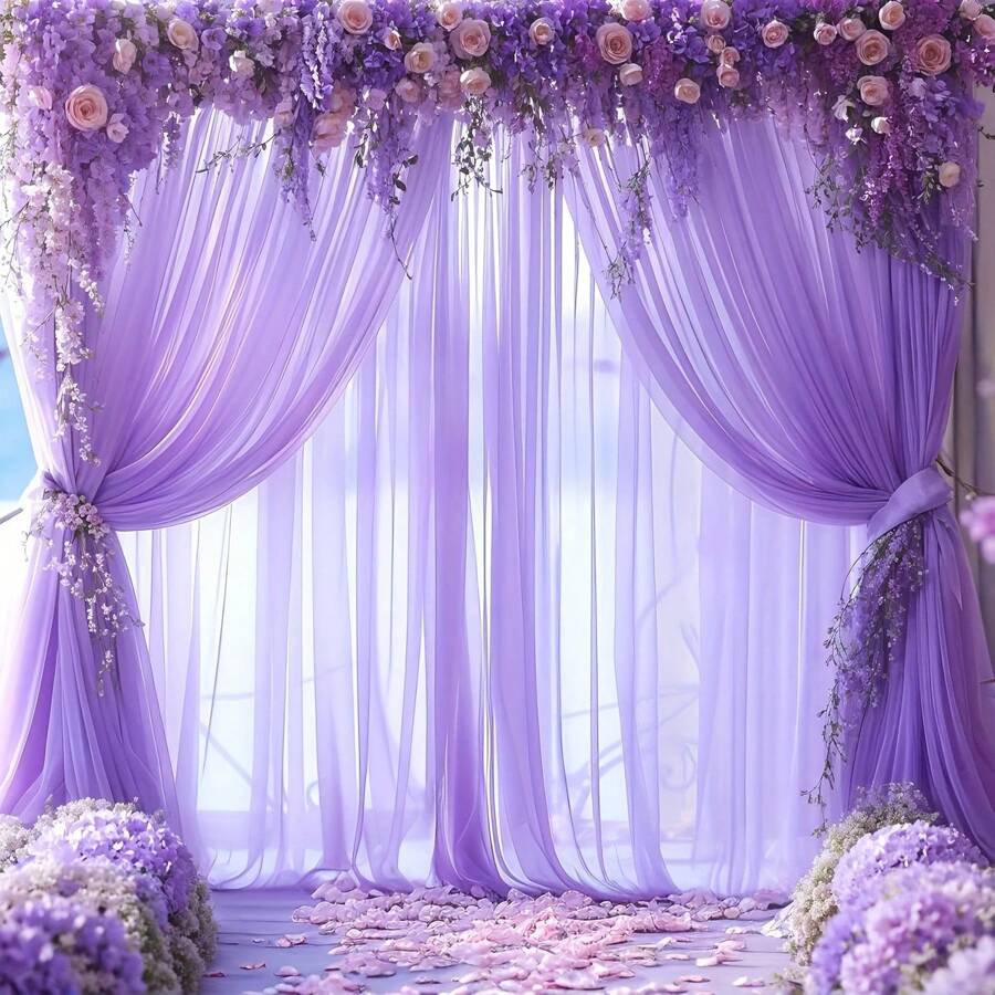 1 pièce Rideau long transparent violet, décor polyvalent de fond de fête, décoration de maison en voile lavande, fournitures de décor de fond de mariage et de fête, voile violet pour la décoration de table, de chaise et d'escalier pour l'anniversaire et le mariage, chemin de table et nappe transparente violet clair