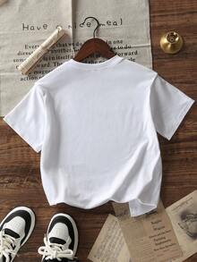 少女休闲白色圆领短袖印花T恤，夏季上衣 - 白色 - 查看 4