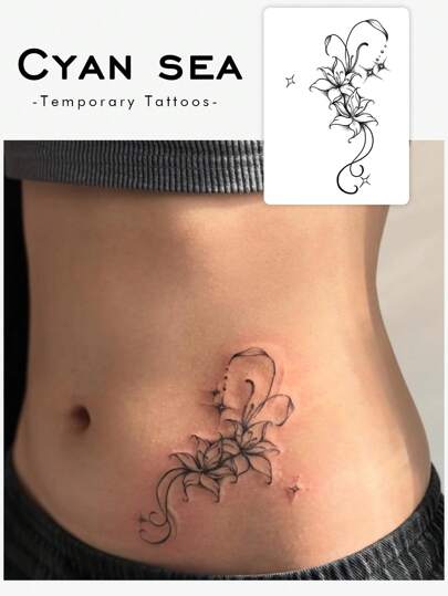 1 Stück wasserfeste, schweißfeste, waschbare temporäre Tättowierung, einzigartiges hochwertig gestaltetes Motiv, dunkel gehaltenes Blumen- und Paar-Tattoo für den Bauchbereich, geeignet für den täglichen Gebrauch