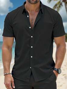 طقم ملابس علوية جديد للرجال، ملابس علوية وردي عصري وناضج، توب خفيف للصيف مع شورت، أكمام قصيرة، قماش مرن من 4 اتجاهات، مناسب للعطلات، الارتداء اليومي، السفر في الصيف - الأسود - مشاهدة 3