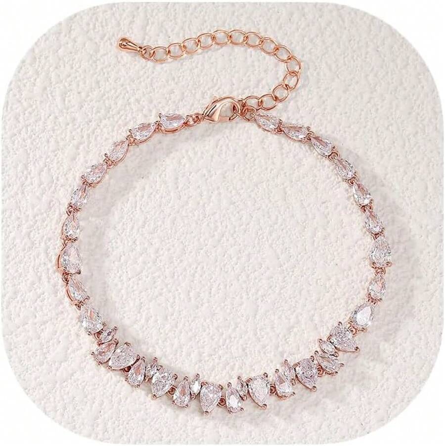 Crysdue Wedding Bridal Link Bracelet Brides Bridesmaids, Marquise Cubic Zirconia Tennis Bracelets Women Prom Jewelry - I_CZ,玫瑰金 - 查看 1