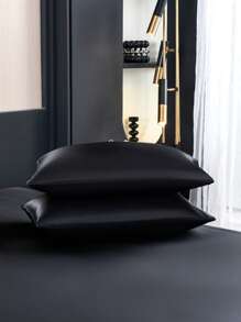 3pcs Solid Color Black Satin Fitted Sheet Set Simulation Silk Fitted Sheet Set With 1pc Fitted Sheet+2pcs Pillow Case Without Filler, Modern Soft Bedding Set For Household Sheet Deep Pocket Up To 13.8 Inch Satin Pillowcase, Soft Breathable Wrinkle-Free Better For Sleep, Luxury Hotel Style, Gift For Mom Dad Friend Domitory Bedding Back School Bedding