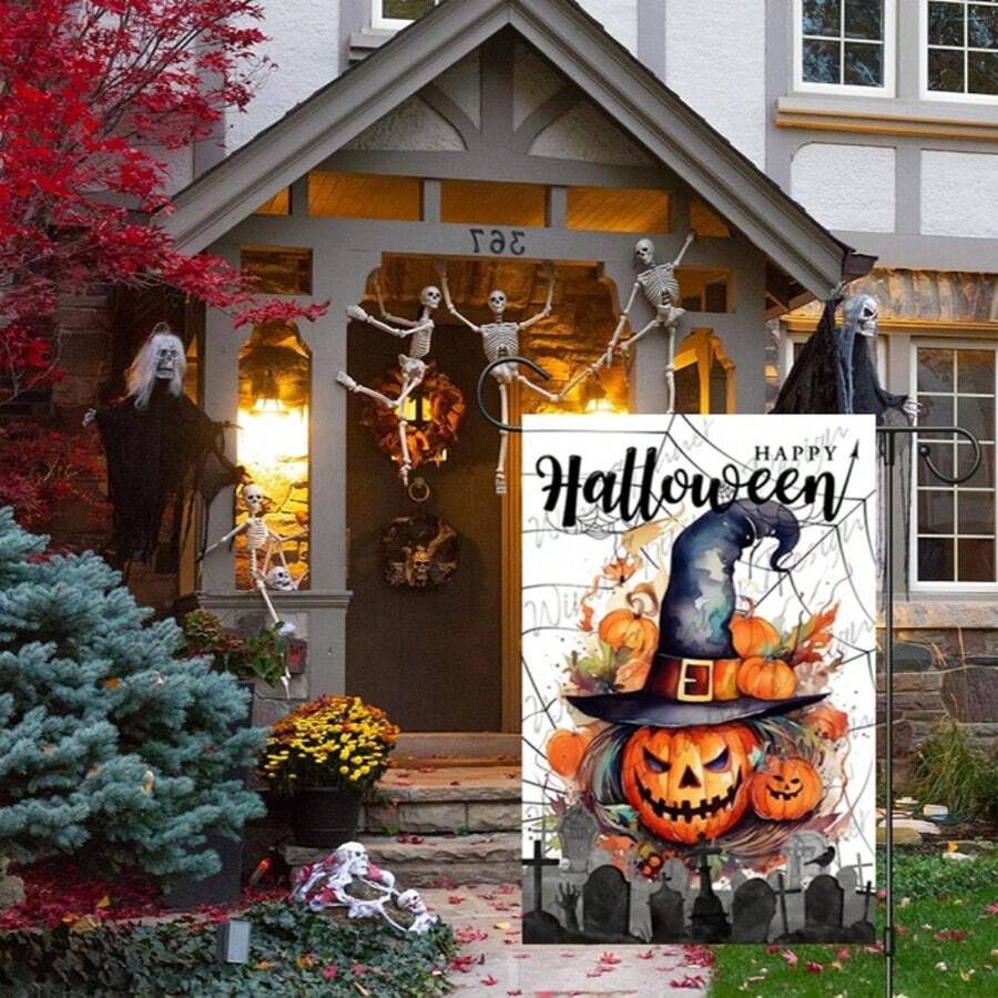 TYFYO 1 件万圣节快乐橙黄色南瓜花园庭院旗帜 12x18 双面适合节日双面加厚防水户外装饰，12x18 英寸，涤纶纤维材质，非常适合门廊、庭院、庭院和后院装饰 | 节日旗帜设计 | 防水旗帜，户外花园旗帜 | 四季装饰，不包括旗杆