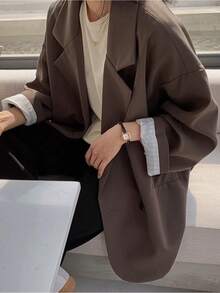 Women's Tops, Jackets, Casual Long Sleeves, Small Suits, Wide Sleeves, Collars, Loose Jackets, Polyester Blends, Double Row Two Grain Buttons, Retro British Style Solid Color Jackets, Comfortable, Skin Friendly, Breathable, Good Quality, Korean Style - 棕色 - 查看 1