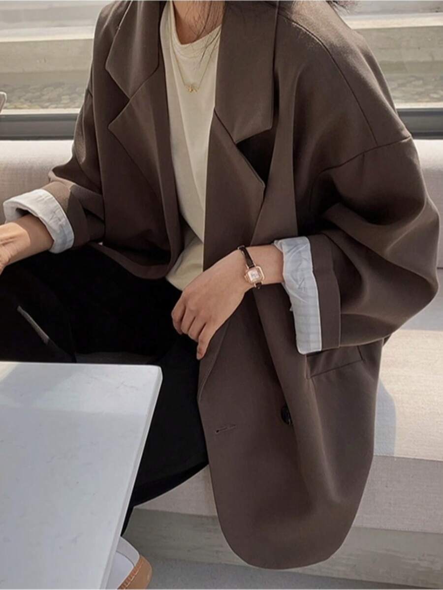 Women's Tops, Jackets, Casual Long Sleeves, Small Suits, Wide Sleeves, Collars, Loose Jackets, Polyester Blends, Double Row Two Grain Buttons, Retro British Style Solid Color Jackets, Comfortable, Skin Friendly, Breathable, Good Quality, Korean Style - 棕色 - 查看 1