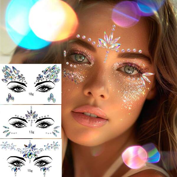 Face Jewelry: Colorful Crystal Diamond Shaped 3D Decorative Stickers For Eyes, Brows, Hair, Neckline, Arms - For Eye Makeup, Stage Makeup, Festivals, Parties, Daily Wear