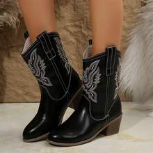 Women Pointed Toe Western Boots Cowboy Booties Low Heel - 黑色 - 查看 6
