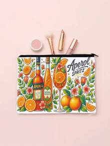 1pc Aperol Spritz Cocktail Design Makeup Bag - Lightweight Zippered Cosmetic Pouch With Vibrant Orange & Citrus Illustration, Ideal For Travel & Daily Use - Multi-Pocket Organizer For Beauty Products, Medications, And Accessories - Perfect Gift Idea, Travel Accessory | Cocktail Themed Bag | Durable Zipper Closure, Makeup Organizer Christmas Gift Make Up Bag