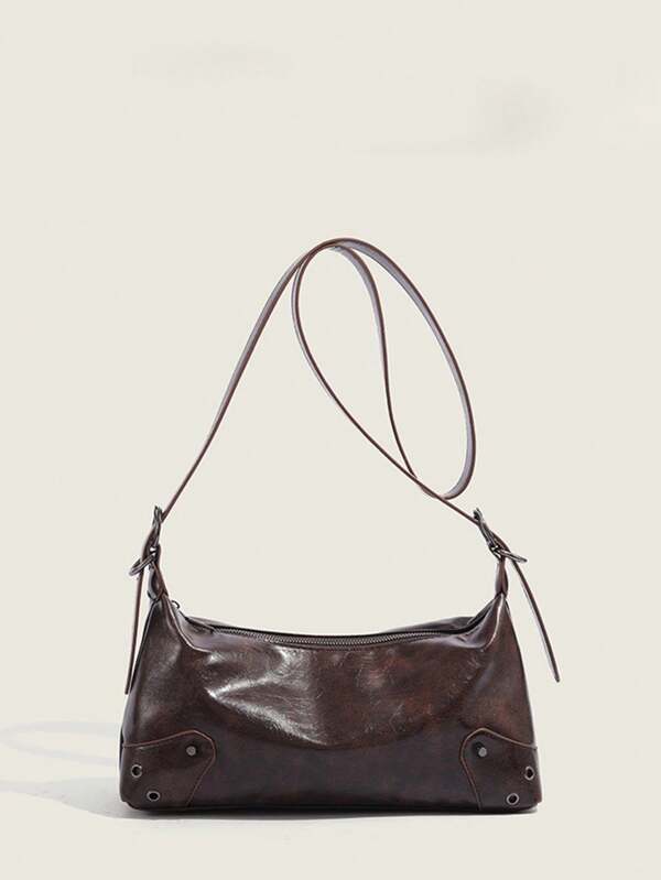 1pc Solid Color PU Leather Fashion Retro Messenger Bag, Unique Design Versatile Crossbody Under-Arm Bag, Suitable For Daily Commute & Students, Matches With Outfits