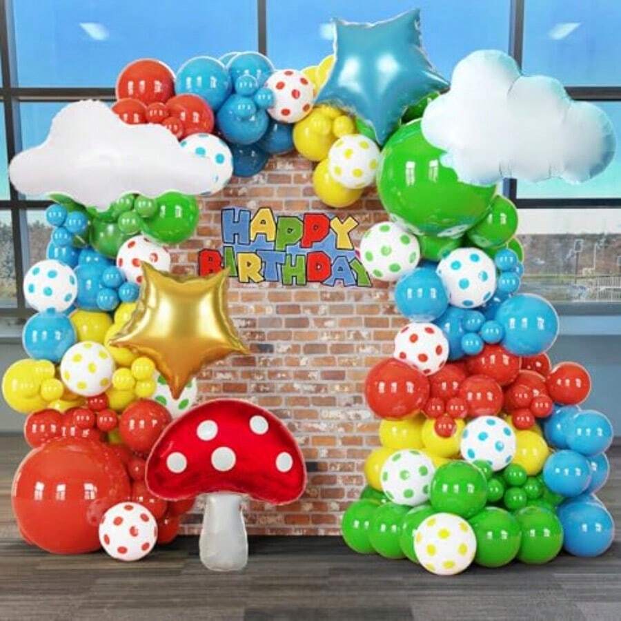 118Pcs Red Blue Yellow Green Rainbow Circus Balloons Garland Arch Kit With Star Mushroom Cloud Balloons For Baby Shower Birthday Decoration Cartoon Video Game Carnival Themed Parties - 紅色金色藍色黃色綠色 - 查看 1