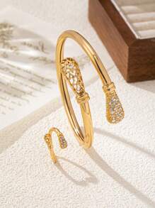 Set de 2 piezas de brazalete y anillo con diseño de serpiente de strass de lujo para mujeres, adecuado para eventos nocturnos o citas