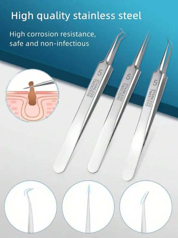 3 Piecesset Of Ultra-Fine 5-Cell Acne Blackhead Tweezers - Facial Beauty Acne Removal Needle Tool For Skin Care Advanced Stainless Steel Precision Tweezers - Blackheads, Pimples, And Acne Removal - Hypoallergenic Needle Tips - Salon Grade Skin Care Tools For Deep Pore Cleansing