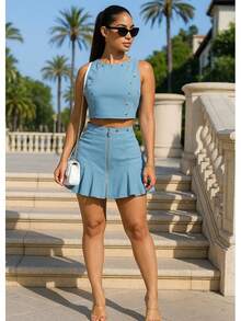 Popstar Eyelet Detail Skirt Set  Plain    Casual    Button  Zipper  Pocket    Beach  Night Out - 藍色 - 查看 1