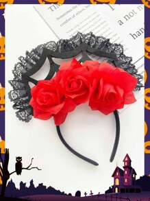 1 buc. Bentiță de păr din dantelă florală pentru femei, accesoriu de păr casual pentru sărbători, fabricată din fibră de poliester, pânză de păianjen cu trandafir, potrivită pentru sărbători și spectacole, bandă de păr, cerc de păr, horror