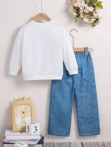 女童趣味可爱长颈鹿印花长袖圆领上衣和花卉印花长裤两件套服装套装，秋冬 - 白色 - 查看 2