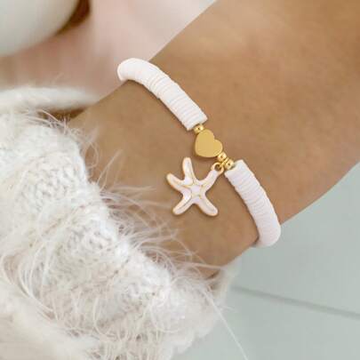 1 pièce Nouveau bracelet de chaîne de perles à la mode avec étoile de mer colorée et cœur, pour femmes, bijoux d'été de plage