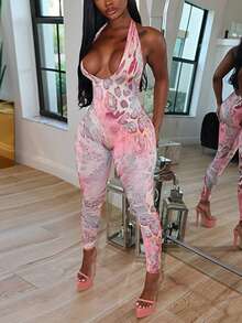 Leopard Print V-Neck Solid Color Bodycon Jumpsuit, Slim Fit Pink Summer Elegant - Pink - View 1