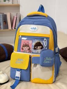 1 新款尼龙材质可爱卡通图案字母刺绣撞色大容量背包，小钱包挂件，多个口袋，可单肩背，时尚有型，日常上学户外旅行百搭款