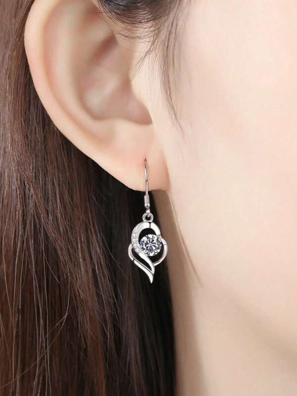 2pcs Women Silver Heart-Shaped Rhinestone Zirconia Earring Hooks