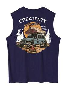 Men's Letter & Heart Print Casual Round Neck Tank Top - Navy Blue - View 1