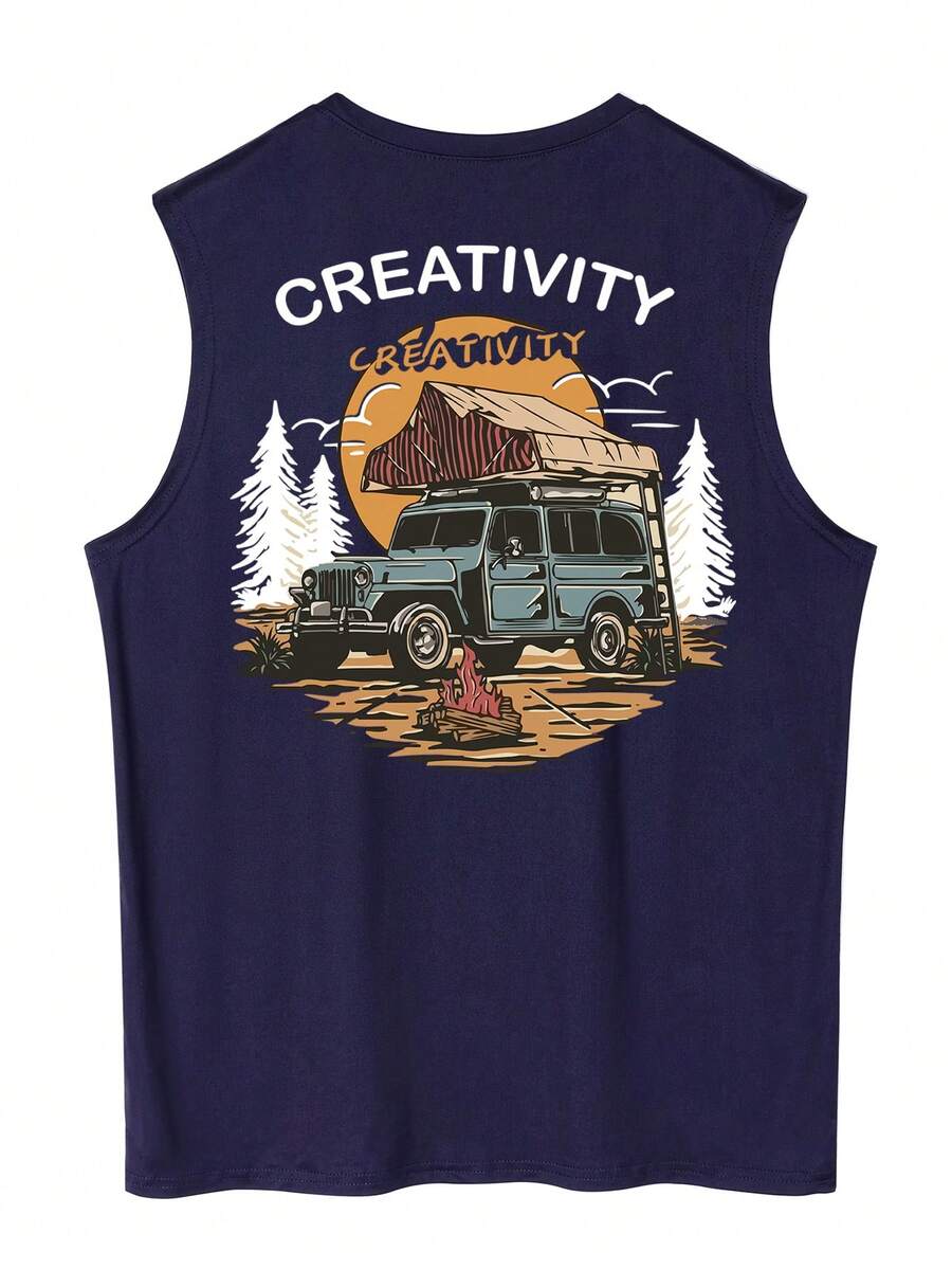 Men's Letter & Heart Print Casual Round Neck Tank Top - Navy Blue - View 1