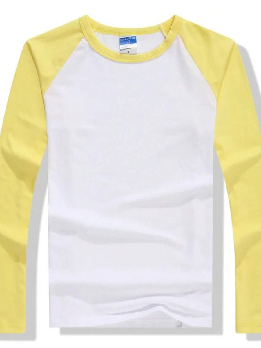 Raglan Long Sleeve T-Shirt 100% Cotton From S To Plus Size G3 - White / Yellow - View 1
