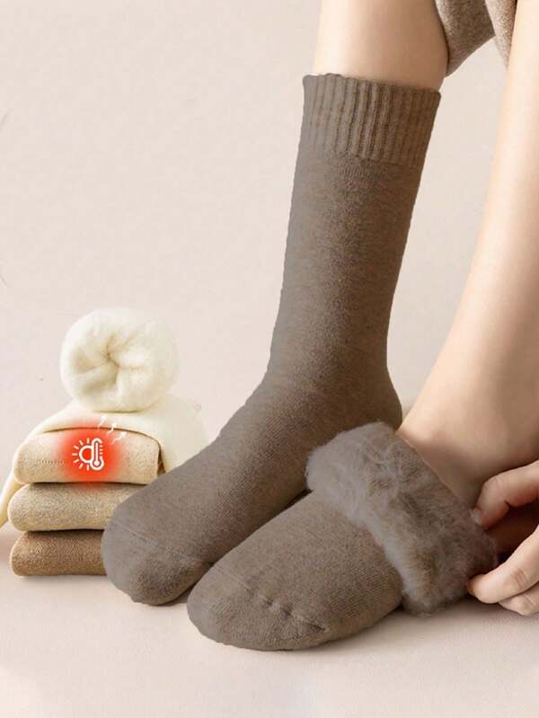 1 Pair Thick Wool Socks For Women, Thermal Lined Mid-Calf Socks, Warm For Snow, Home, Postpartum, Sleeping, Floor Wear, Autumn/Winter
