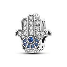 1 Stück Silberfarbener, exquisiter blauer Emaille-Zirkonia, glücklicher Fatima Hamsa Hand, Palme, böser Blick, religiöser Schutzanhänger, passend für original Armband, Halskette, Anhänger, Perlen für DIY Schmuckherstellung, Frauen, Mädchen, Geburtstagsschmuck, Geschenk für Freunde