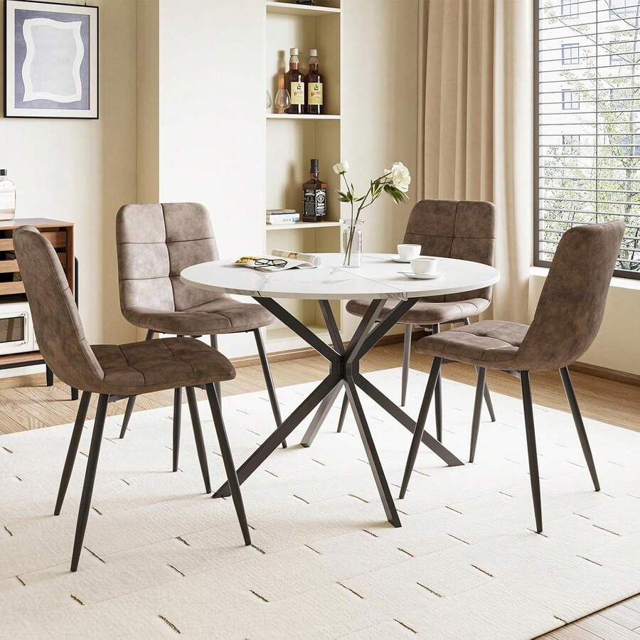 Dining Table And Chairs Set Of 4, White Folding Round Dining Table With 4 Brown PU Leather Chairs For Dining Room, Kitchen, Living Room
