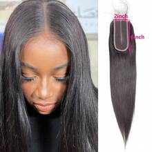 Extensiones de cabello humano liso con cierre de encaje 2x6, 24 x 24 pulgadas, 100 % cabello humano, densidad 180. - Natural Black - Ver 2