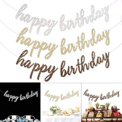 1 件银色/香槟金色/古铜色闪光生日快乐横幅，生日派对背景装饰旗帜，适用于银色生日快乐/迪斯科派对/未来派对/太空派对/成人里程碑生日（30 岁、40 岁）/新娘生日早午餐/狂野派对/熊主题派对/林地派对装饰