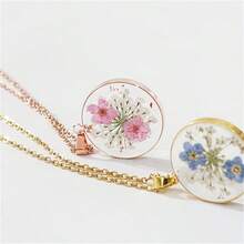 Water Droplet Shape Necklace, Handmade Pressed Flower Necklace, Lace Pressed Wildflower, Forget-Me-Not Flowers Symbolize True Love And Respect - 藍色 - 查看 2
