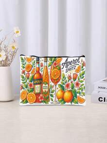 1pc Aperol Spritz Cocktail Design Makeup Bag - Lightweight Zippered Cosmetic Pouch With Vibrant Orange & Citrus Illustration, Ideal For Travel & Daily Use - Multi-Pocket Organizer For Beauty Products, Medications, And Accessories - Perfect Gift Idea, Travel Accessory | Cocktail Themed Bag | Durable Zipper Closure, Makeup Organizer Christmas Gift Make Up Bag