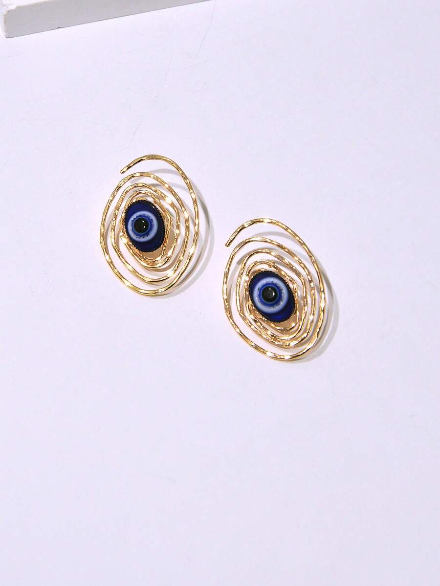 1 Pair Women's Spiral Pattern And Blue Evil Eye Design Earrings, Fashionable And Delicate
