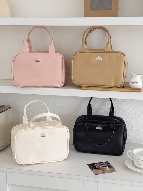 Soft Leather Handbag & Cosmetic Bag Set, House Shaped Vintage Minimalist Zipper Design, Large Capacity Travel Toiletry Bag, Multifunctional Makeup Organizer, Fashionable Women Bag For Daily Use