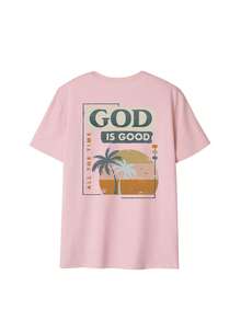 Women's Petite Size GOD Slogan Graphic Round Neck Short Sleeved T-Shirt , Casual Loose And Versatile Holiday Style Oversize Tops, Fashionable Summer Suitable For Daily Holiday Wear