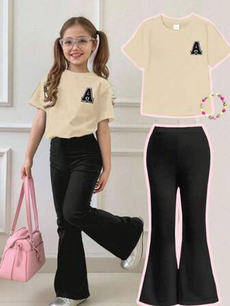 2pcs Tween Girl Letter A Print Short Sleeve T-Shirt And Flare Pants Set, Soft And Machine Washable, Spring/Summer