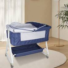 2-In-1 Foldable Wheeled Bassinet, Baby Bassinet, Baby Sleeper, Baby Changing Table, Height-Adjustable Multifunctional Bed, Changing Table, Storage Space Underneath, With Mosquito Net, Height-Adjustable, For 0-3 Years, Multiple Colors Available - Navy Blue - View 3