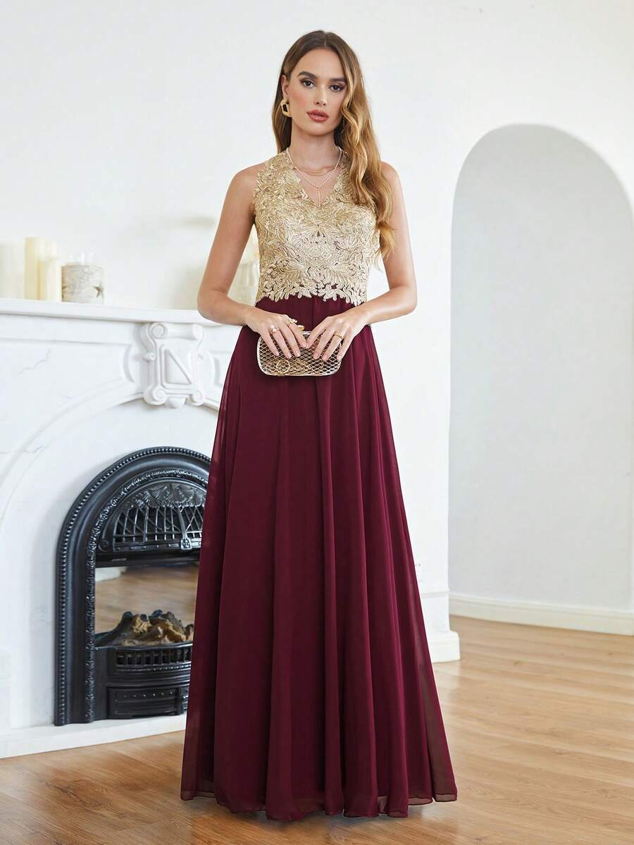 Babyonlinedress BABYONLINE D.R.E.S.S. V-Neck Guipure Lace Insert Chiffon A-Line Prom Bridesmaid Dresses,Formal Wedding Guest Gown, For Graduation, Dinner - 酒紅色 - 查看 1