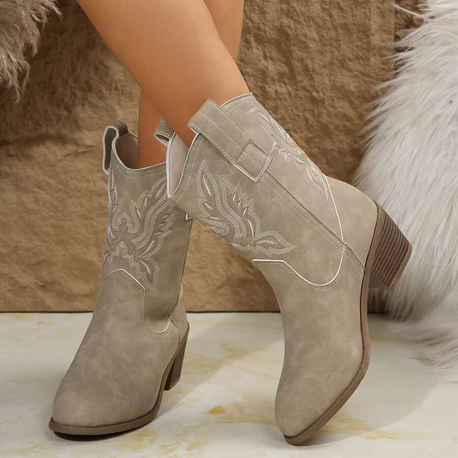 Women Pointed Toe Western Boots Cowboy Booties Low Heel - 米色 - 查看 1
